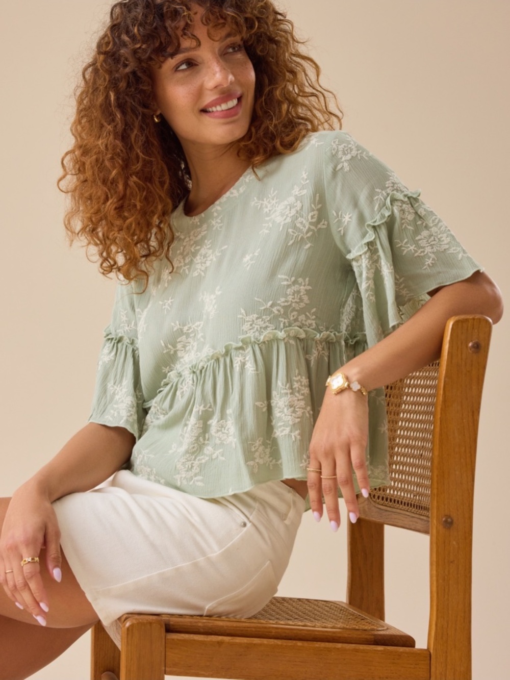 Altar’d State Light Blue Floral Flutter Sleeve Top